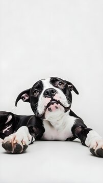 A playful Labrabull dog lying down with its paws stretched out, surrounded by a minimalistic light-colored background