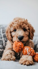 A Labradoodle puppy playing with a toy on a solid light background, capturing its playful spirit and curiosity