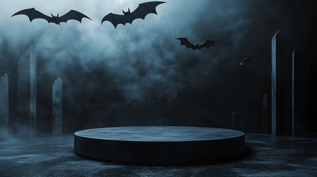 Mysterious dark scene with bats flying over a circular pedestal, smoky background adding to the eerie, gothic atmosphere.