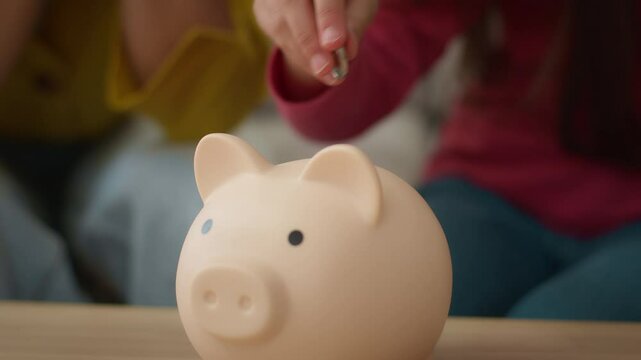 Unknown family female woman and little girl child kid hands putting coins in piggy bank hoarding coin saving money save finance cash investment accumulation business financial security indoors home