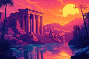 Fototapeta premium Ancient Temple Ruins by a Serene Lake at Sunset
