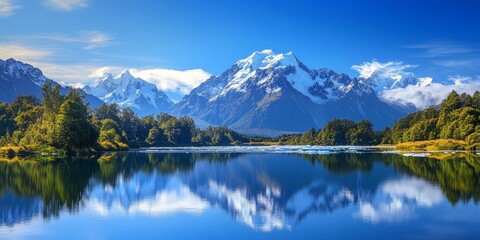 The snow-capped mountains , the magnificent natural scenery reflected in ice and water, blue sky, sunny day. 