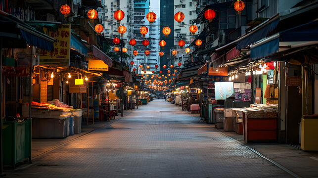 An empty Asian street market at dusk usually bustling now with only a few stalls open and dim lighting.