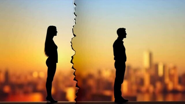 Angry man and woman turning away from each other crossing their arms. Ripped picture. Standing back to back after argument. Romantic relationships problem. Divorce breakup