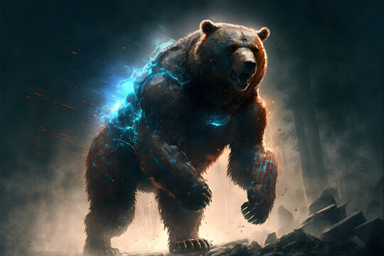 Ein massiver B&auml;r, der mit blauer elektrischer Energie in einem dunklen Wald wogt und rohe Kraft demonstriert, Ki generiert