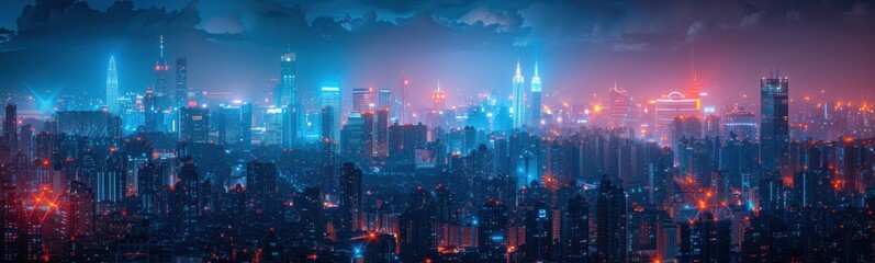 Fototapeta premium Nighttime view of a city with skyscrapers and a lot of lights