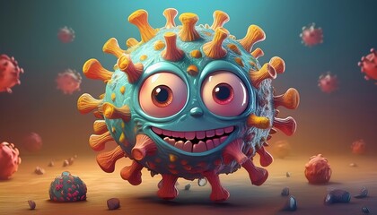 Fototapeta premium Cartoonish Covid coronavirus character. Infection of FLiRT, XEC, coronavirus and cellular components. Epidemic, pandemic virus molecules, microscopic scene - spread and impact of the coronavirus.