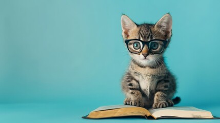A playful kitten with glasses looks up from an open book, seemingly intrigued. The blue background adds a cheerful touch to this charming moment
