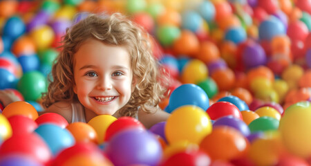 Obraz premium Happy child playing in colorful ball pit and smiling joyfully