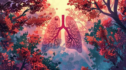 watercolor illustration, vintage postcard, World Chronic Obstructive Pulmonary Disease Day, COPD, collage, human lung figurine, dense forest, pink background