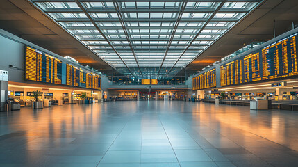 Obraz premium An empty European airport terminal flight boards showing numerous cancellations with only a few travelers.