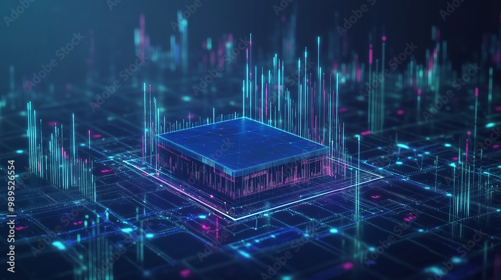 Poster visual representation of a digital circuit board with vibrant data flows in a futuristic environment