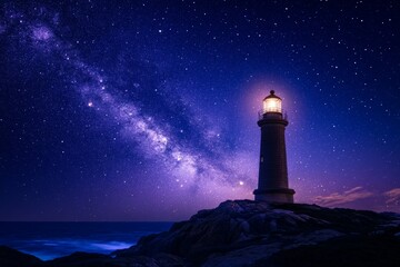 A stunning lighthouse illuminated under a starry night sky by the ocean, showcasing the beauty of nature and the cosmos together