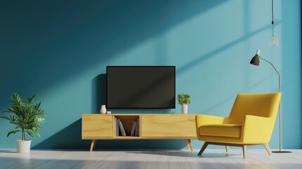 Fototapeta premium Modern Living Room Interior with TV on Cabinet, Armchair, and Elegant Decor Elements