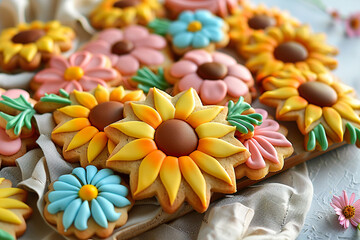 A row of colorful cookies with yellow and blue flowers on them, generative ai image.,