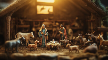 Nativity scene set in a rustic stable, illuminated by warm light, depicting the birth of Jesus Christ surrounded by animals and the Holy Family