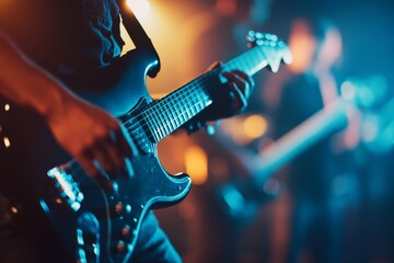 Obraz premium Musician playing electric guitar during live performance at an indoor venue with vibrant lighting in the evening