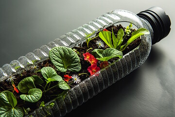 Repurposed plastic bottle used as a terrarium for plants, symbolizing innovation in recycling and urban gardening, ideal for Recycles Day