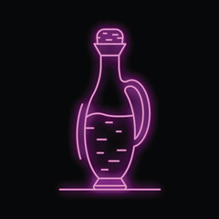 Neon sign is glowing purple against a black background, depicting a bottle of olive oil with a cork