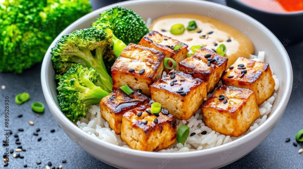 Wall mural Delicious Grilled Tofu with Broccoli and Rice Bowl