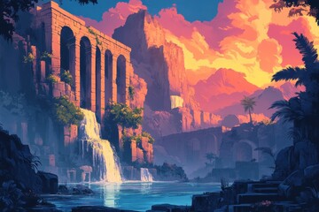 Fototapeta premium Ancient Ruins with Waterfall and Palm Trees Under Sunset Sky