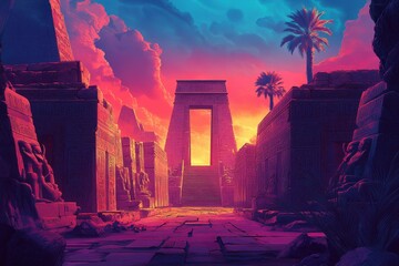 Fototapeta premium Ancient Egyptian Temple Entrance at Sunset