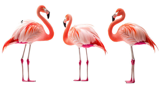 three pink flamingos standing isolated png transparent background