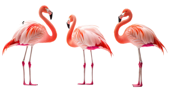 three pink flamingos standing isolated png transparent background