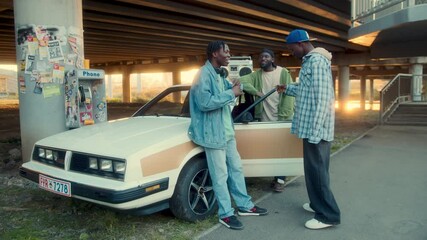 Group of relaxed Black friends in street style outfits dancing to hip hop music near retro car with boombox on roof, parked next to sticker-covered payphone under urban road bridge. Zoom Shot