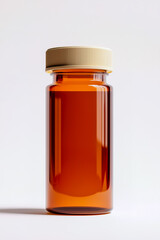 Liquid in a cylindrical glass bottle with a cream-colored lid, isolated on a white background.