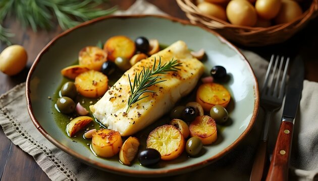 Bacalhau &agrave; Lagareiro with Potatoes and Olive Garnish (Portuguese Cuisine)