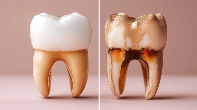 before and after dental treatment with decayed and restored teeth