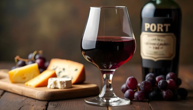 Elegant Glass of Port Wine with Cheese and Grapes in a Rustic Setting (Portuguese Cuisine)
