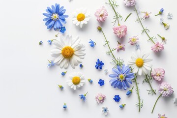 Obraz premium Festive flower composition with daisies and forget me nots on white background Top view copy space Celebratory occasions concept