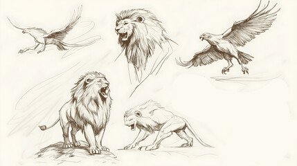 Detailed Sketches Lions And Eagles