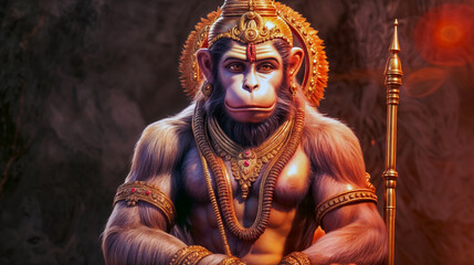 Obraz premium Hanuman deity statue adorned with gold jewelry and a staff, representing strength and devotion in Hindu mythology, religious figure with detailed craftsmanship, spiritual symbolism in Indian culture
