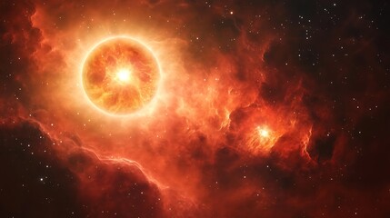 Obraz premium Binary star system with one star being a white dwarf and the other a red giant within a molecular cloud filled with dark nebulae