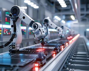 Fototapeta premium A modern robotic system operates on an assembly line, showcasing advanced technology and automation in a manufacturing environment.