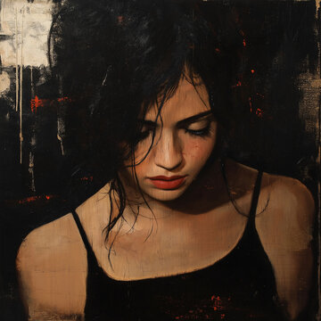 Emotional portrayal of resentment with a woman in a dark setting, looking down in contemplation