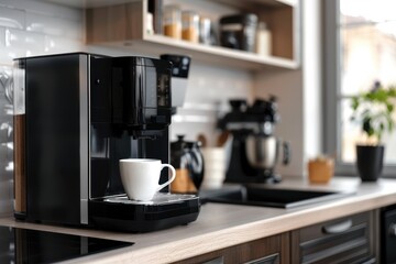 Office kitchen with modern coffee machine and cup text space