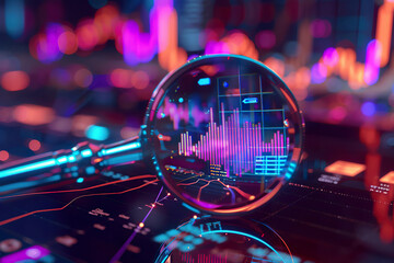 A magnifying glass is on a computer screen with a lot of numbers and graphs.,