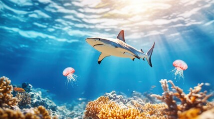 Fototapeta premium Shark Swimming Over Vibrant Coral Reef