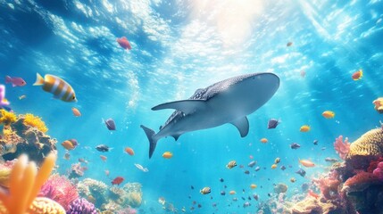 Fototapeta premium Majestic Whale Shark Swimming in Vibrant Coral Reef