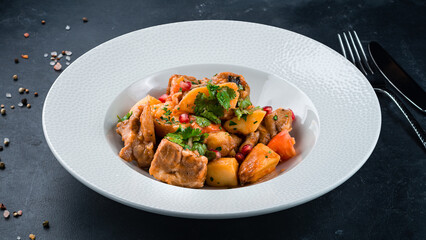 Hot stewed potatoes with pork meat, tomatoes, onions and herbs, vegetable ragout.