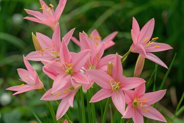 Obraz premium Pink Rain Lily perennial bulb with star shaped pink flowers thrives in well drained soil and full sun to partial shade perfect for gardens