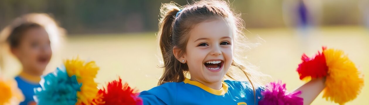 Cheerful child enjoying a cheerleading practice outdoors with colorful pom-poms, radiating joy and enthusiasm in a vibrant setting.