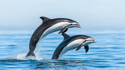 Obraz premium Dolphins Jumping Above Clear Blue Ocean Waves