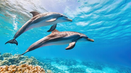 Obraz premium Dolphins Swimming in Vibrant Coral Reef Water