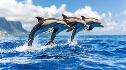 Obraz premium Playful Dolphins Jumping Through Ocean Waves