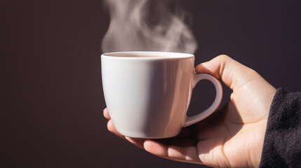 Hand Holding a Steaming White Coffee Mug on Dark Background